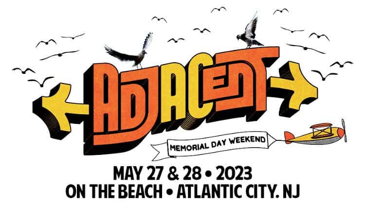 says "Adjacent Festival May 27 & 28th 2023 on the beach - Atlantic City, NJ" with Seagulls and other black v birds | Eat SLEEP BREATHE MUSIC
