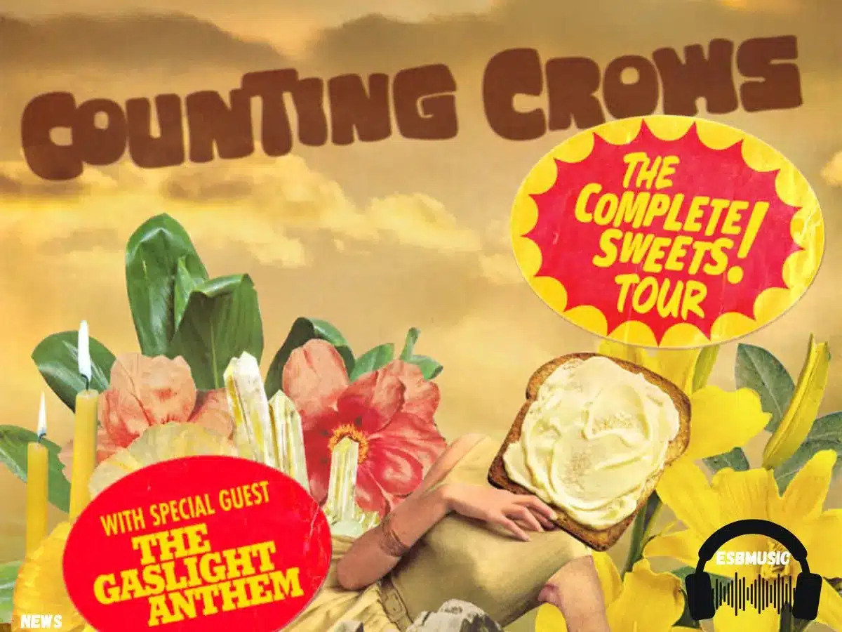 A colorful, retro-style promotional poster for Counting Crows' The Complete Sweets! Tour. The background features a dreamy, cloudy sky above tropical plants and bright flowers. A surreal collage includes a woman with a slice of buttered toast for a head. Bold, vintage fonts announce "COUNTING CROWS" at the top, "THE COMPLETE SWEETS! TOUR" in a large yellow and red burst, and “WITH SPECIAL GUEST THE GASLIGHT ANTHEM” in another red burst. At the bottom right, a black headphone graphic with "ESBMUSIC." | Eat Sleep Breathe Music