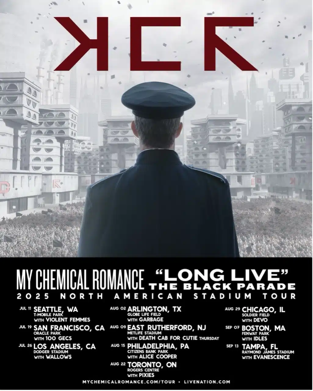A stylized promotional poster for My Chemical Romance’s 2025 North American Stadium Tour titled "Long Live The Black Parade." The top half shows a uniformed figure from behind, overlooking a dystopian, industrial cityscape filled with monolithic buildings and confetti falling from the sky. Large, abstract red letters at the top spell out “MCR.” The bottom half lists tour dates and cities, including Seattle, San Francisco, Los Angeles, Arlington, East Rutherford, Philadelphia, Toronto, Chicago, Boston, and Tampa, along with supporting acts like Violent Femmes, Garbage, Death Cab for Cutie, Alice Cooper, Pixies, and Evanescence. | Eat Sleep Breathe Music