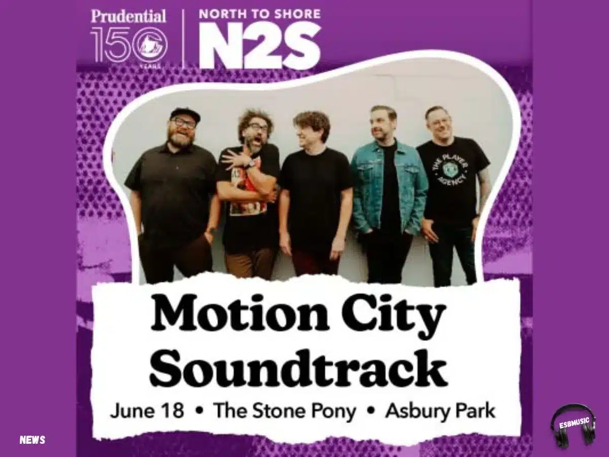 Promotional poster for Motion City Soundtrack's concert at The Stone Pony in Asbury Park on June 18, as part of the North to Shore (N2S) Festival presented by Prudential for its 150th anniversary. The band members are standing in a casual pose, smiling against a white background with purple design elements. | Eat Sleep Breathe Music
