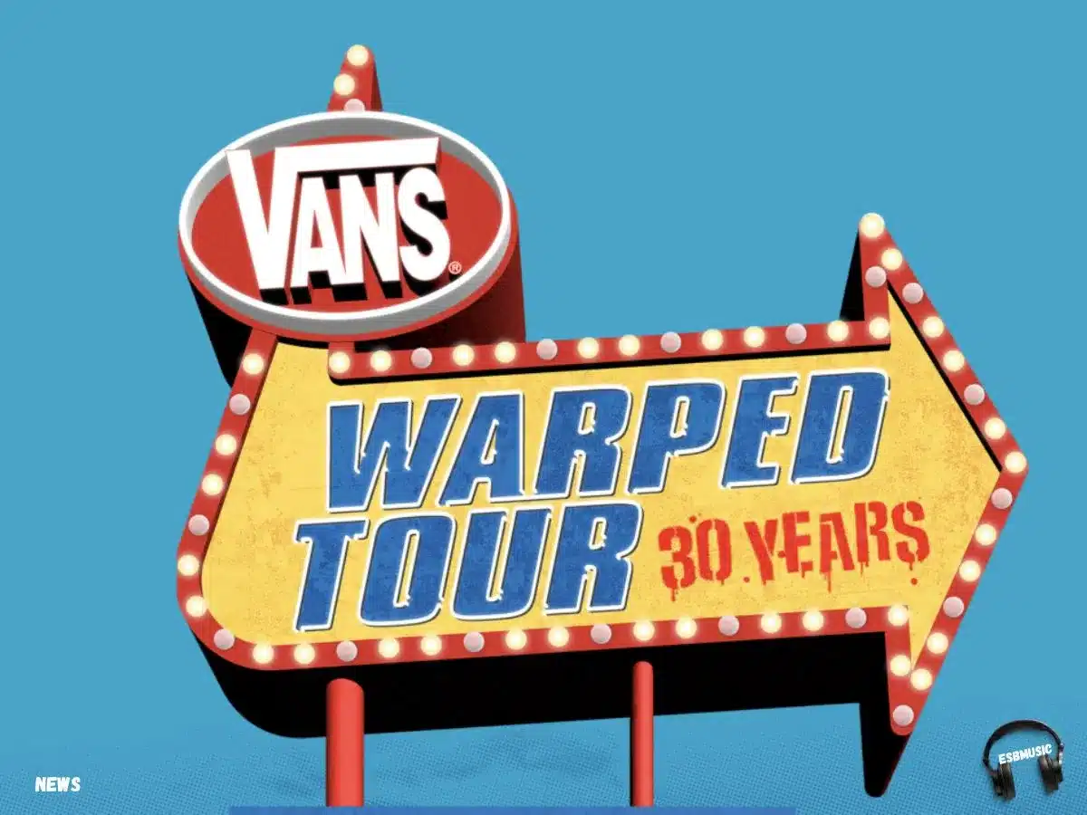Graphic announcing the 'Warped Tour 30 Years' anniversary, featuring a classic illuminated sign with the Vans logo. In the lower left corner it says "News." and In the Lower right corner it says "ESBM" inside a black pair of headphones | Eat Sleep Breathe Music