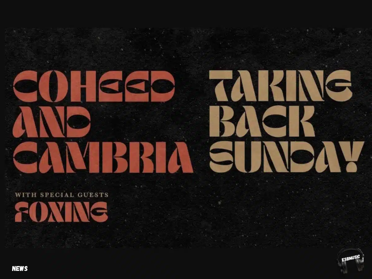 Concert tour poster with a black background featuring bold, stylized text. On the left, in red, it says “Coheed and Cambria” and below in smaller gold text, “with special guests Foxing.” On the right, in tan, it says “Taking Back Sunday!” in the same bold font. | News | Eat Sleep Breathe Music